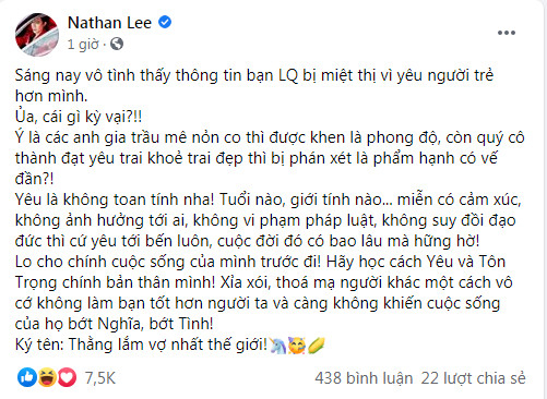 Lệ Quyên bị mỉa mai 'dại trai', Nathan Lee đăng tút ẩn ý: 'Quý cô thành đạt yêu trai trẻ khỏe thì sao?'