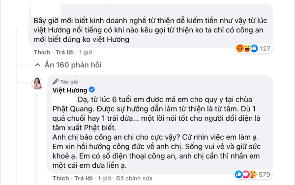 Bị lên án làm từ thiện dễ kiếm tiền, Việt Hương phản ứng: 'Em có số điện thoại công an, cần thì nhắn em'