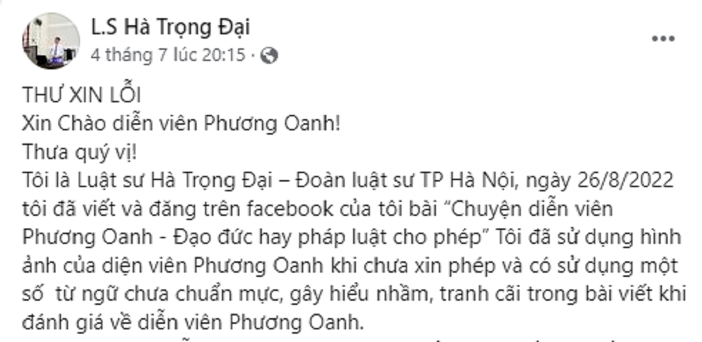 Luật sư Hà Trọng Đại xin lỗi diễn viên Phương Oanh