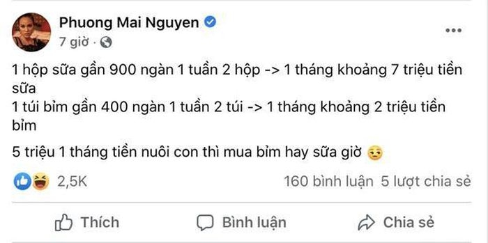 MC Phương Mai hỏi 5 triệu nuôi con 1 tháng nên 'mua bỉm hay mua sữa', tuyên bố ai đó 'sống lỗi'