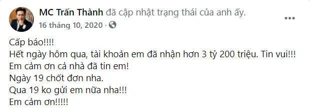 Lý do Trấn Thành xóa bài đăng kêu gọi quyên góp cứu trợ lũ lụt ở miền Trung?