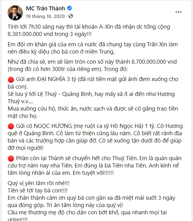 Lý do Trấn Thành xóa bài đăng kêu gọi quyên góp cứu trợ lũ lụt ở miền Trung?