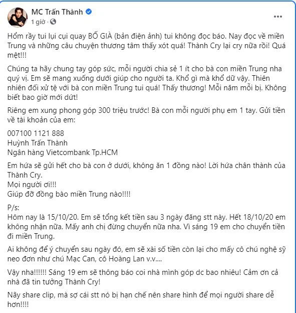 Lý do Trấn Thành xóa bài đăng kêu gọi quyên góp cứu trợ lũ lụt ở miền Trung?