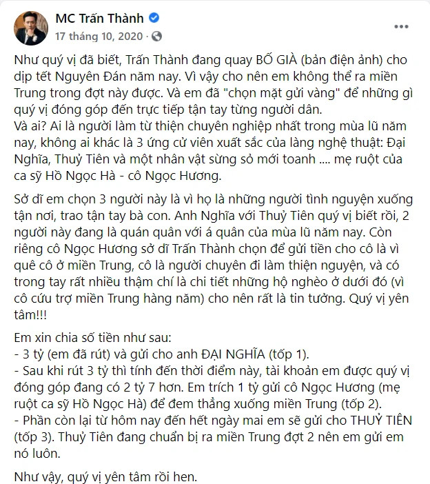 Lý do Trấn Thành xóa bài đăng kêu gọi quyên góp cứu trợ lũ lụt ở miền Trung?