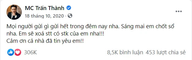 Lý do Trấn Thành xóa bài đăng kêu gọi quyên góp cứu trợ lũ lụt ở miền Trung?