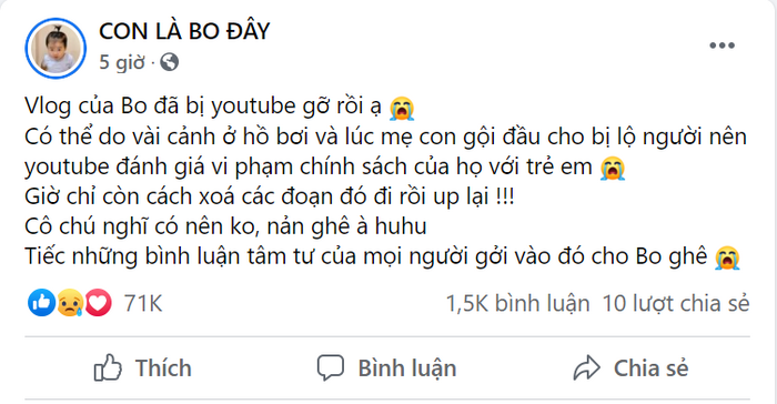 Con trai Hòa Minzy vi phạm 'quy tắc cộng đồng' của YouTube, bị xóa luôn vlog trong 'một nốt nhạc'