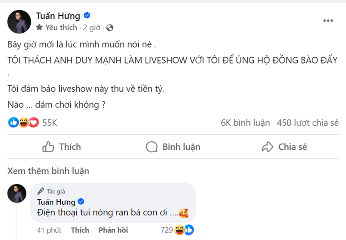 Tuấn Hưng thách Duy Mạnh cùng làm liveshow gây quỹ từ thiện