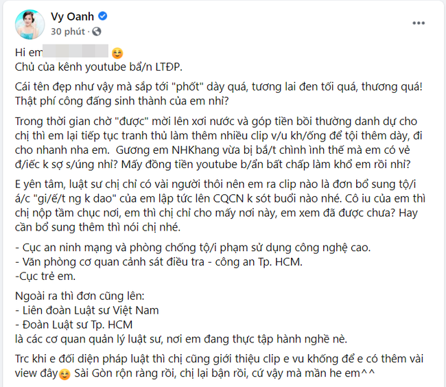 Vy Oanh đệ đơn kiện một YouTuber nổi tiếng sau ồn ào với nữ CEO Đại Nam