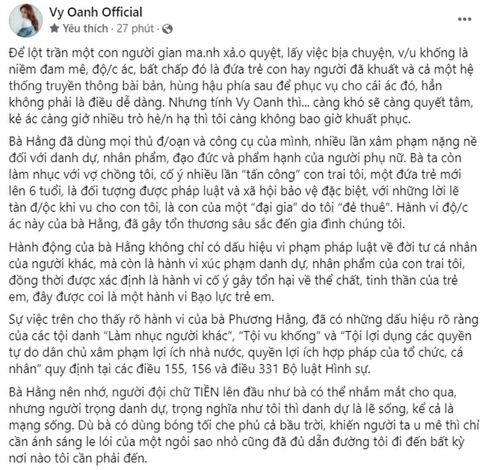 Vy Oanh: 'Cảm ơn khán giả đứng về lẽ phải, khích lệ tôi và các anh chị em bị bà Hằng tấn công'