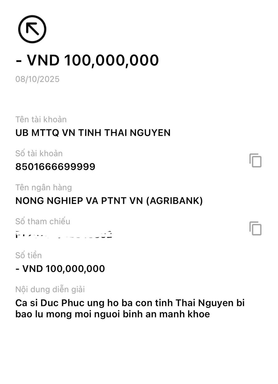 Đức Phúc ủng hộ 100 triệu đồng giúp đồng bào Thái Nguyên vượt bão lũ