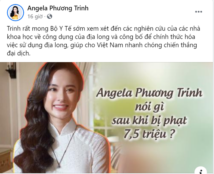 Angela Phương Trinh nhắn nhủ đến Bộ Y Tế sau khi bị phạt 7,5 triệu đồng vì đăng bài về địa long