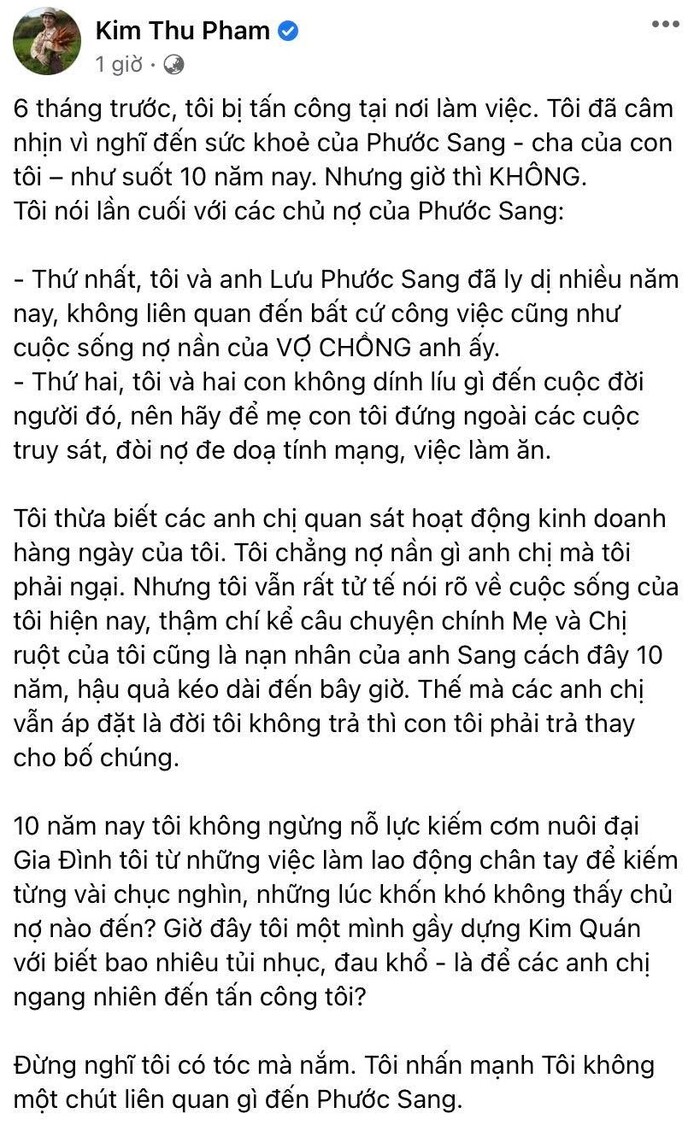 Diễn viên Kim Thư bất ngờ tố cáo chủ nợ của chồng cũ Phước Sang tấn công cô tại nơi làm việc