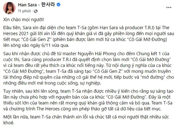 Han Sara đăng tải tâm thư xin lỗi sau màn làm mới ca khúc 'Cô Gái Mở Đường', mong được khán giả thông cảm