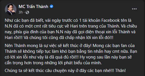 MC Trấn Thành mong muốn khép lại lùm xùm với anti-fan trù ẻo Hari Won