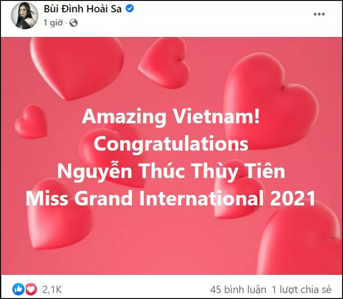 Mỹ nhân chuyển giới đăng đàn chúc mừng Miss Grand Thùy Tiên, phải đính chính xin lỗi ngay sau đó