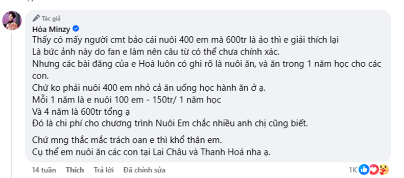Hòa Minzy từng ủng hộ trăm triệu đồng cho dự án Nuôi Em Hòa Minzy từng ủng hộ trăm triệu đồng cho dự án Nuôi Em