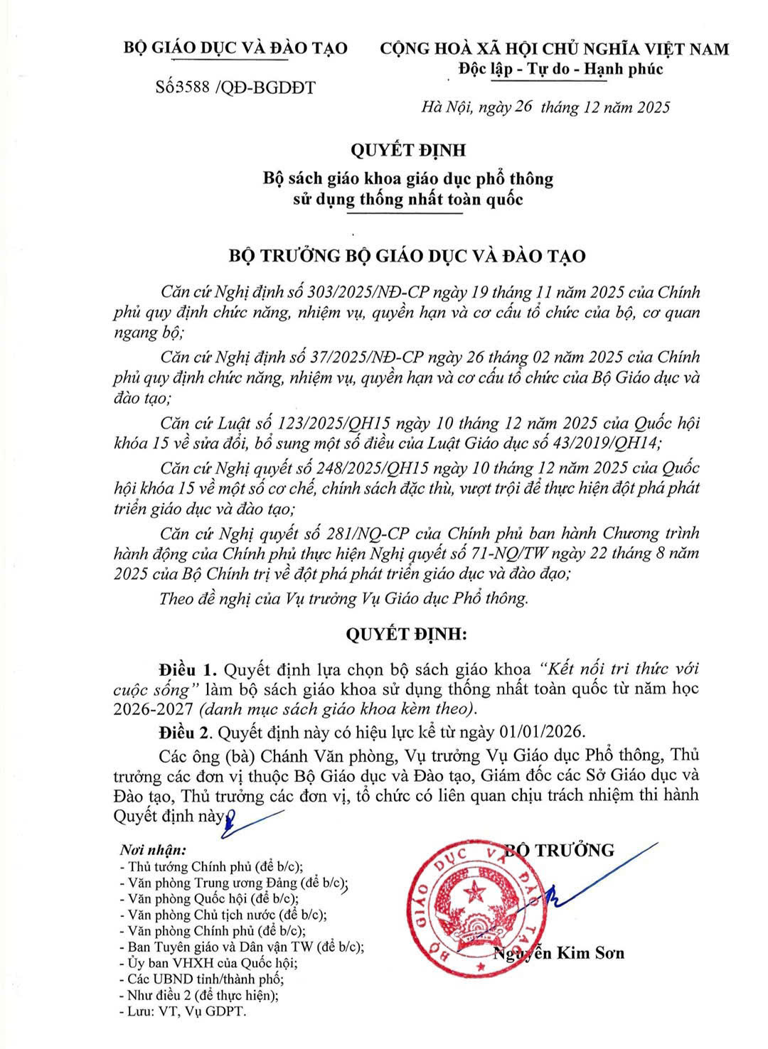 Bộ sách giáo khoa GDPT sử dụng thống nhất toàn quốc đã được lựa chọn