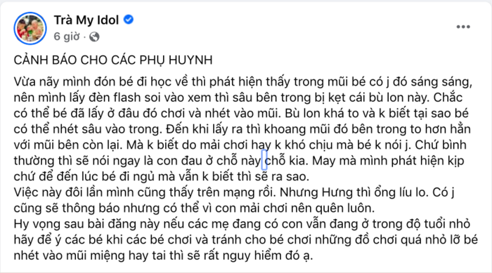 Phát hiện dị vật trong mũi con trai, Trà My Idol đăng đàn cảnh báo