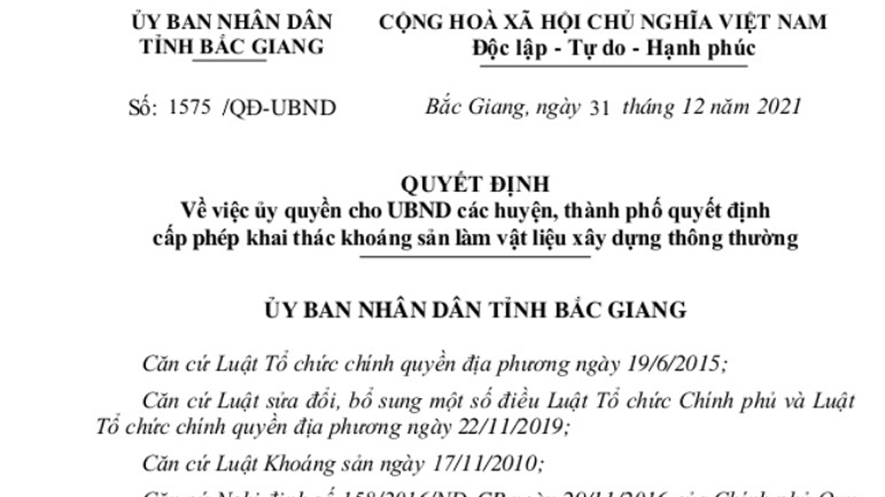 UBND tỉnh Bắc Giang ủy quyền cho UBND cấp huyện cấp phép khai thác khoáng sản làm vật liệu xây dựng thông thường