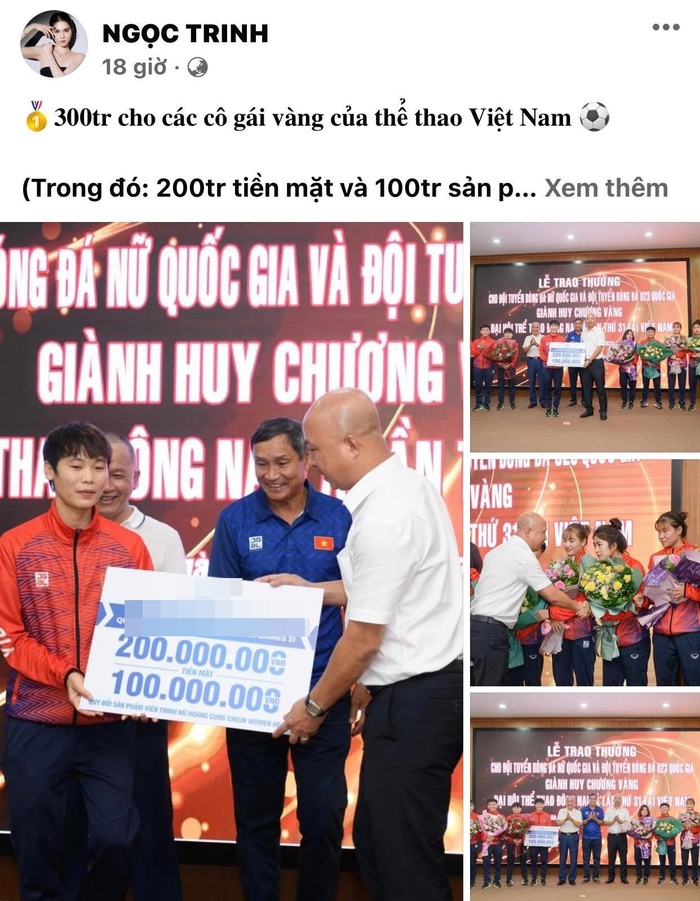 Ngọc Trinh thưởng 300 triệu đồng cho ĐT bóng đá nữ Việt Nam