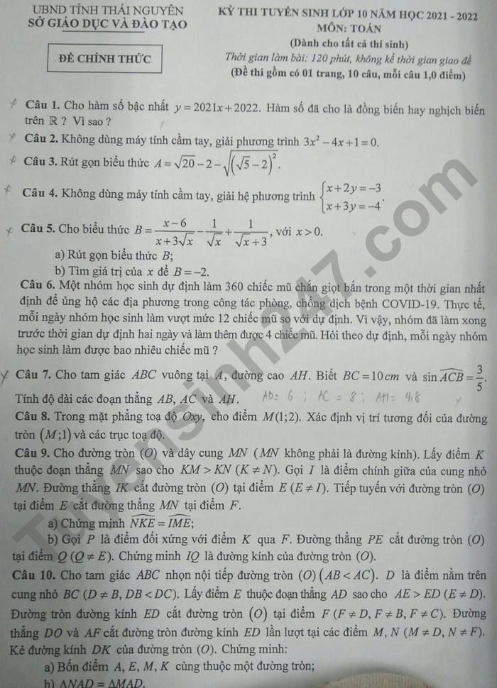 Đáp án môn Toán thi lớp 10 tỉnh Thái Nguyên đầy đủ, chính xác nhất