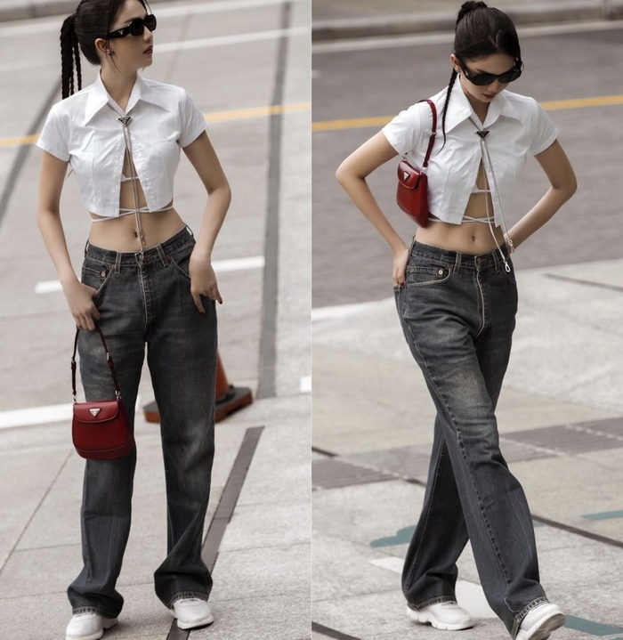 Diện áo croptop cởi nút, Ngọc Trinh để lộ nội y "lấp ló"