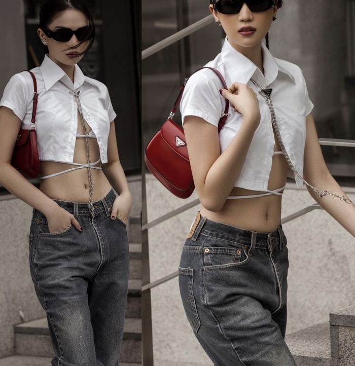 Diện áo croptop cởi nút, Ngọc Trinh để lộ nội y "lấp ló"