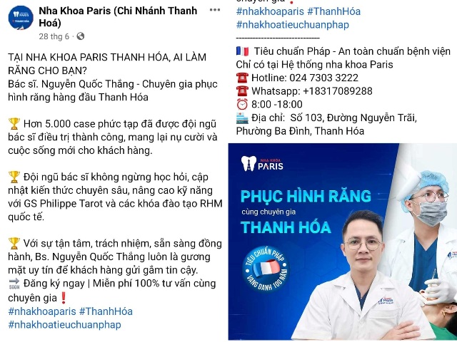 Thanh Hóa: Hoạt động “chui” trước Sở Y tế, Nha khoa Paris bị xử phạt  45 triệu đồng