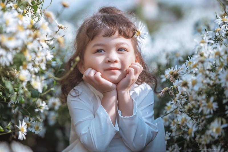 'Lịm tim' với hình ảnh 'thiên thần' 4 tuổi mặc áo dài trắng đội nón lá trong vườn cúc hoạ mi